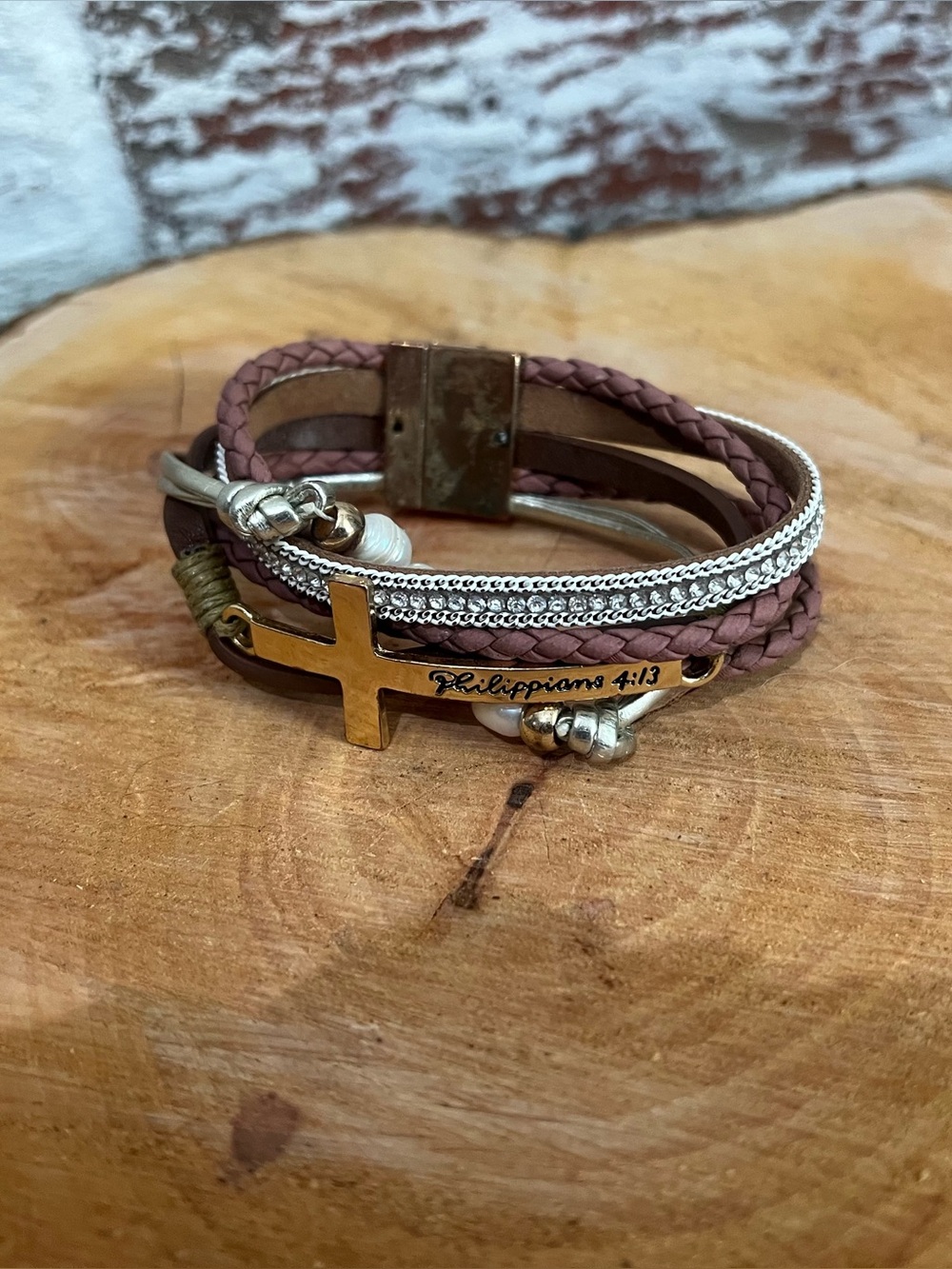 Layered Cross Cuff Bracelet with Rhinestones Pearl Accents Philippians 4:13